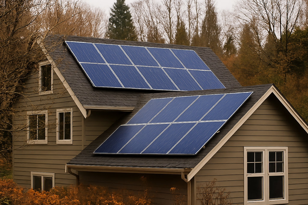 Seattle home with rooftop solar panels in a fall setting