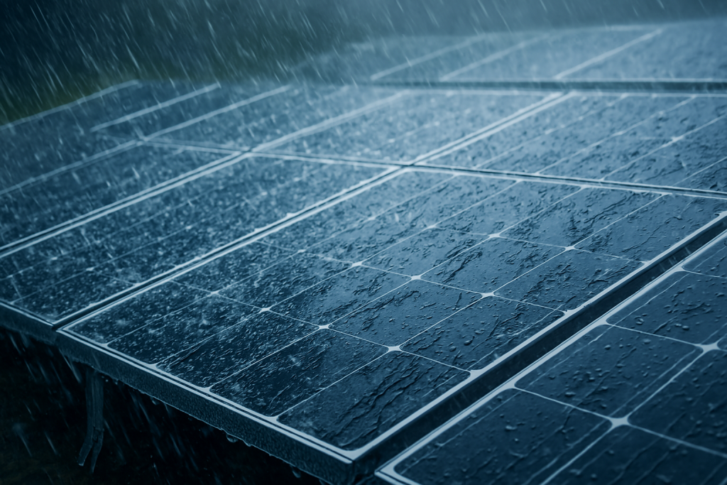 Solar panels collecting daylight during rainfall