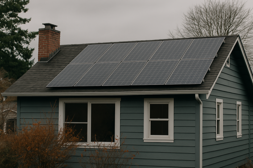 Solar panels installed on a Seattle style home under an overcast fall sky