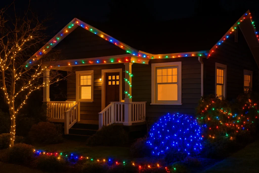 Exterior holiday lights installed along the roofline of a West Seattle home