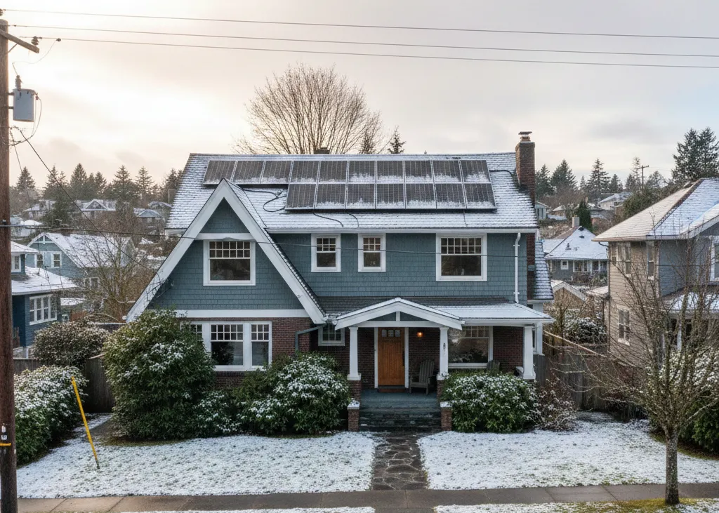 Seattle home with rooftop solar panels in winter ()