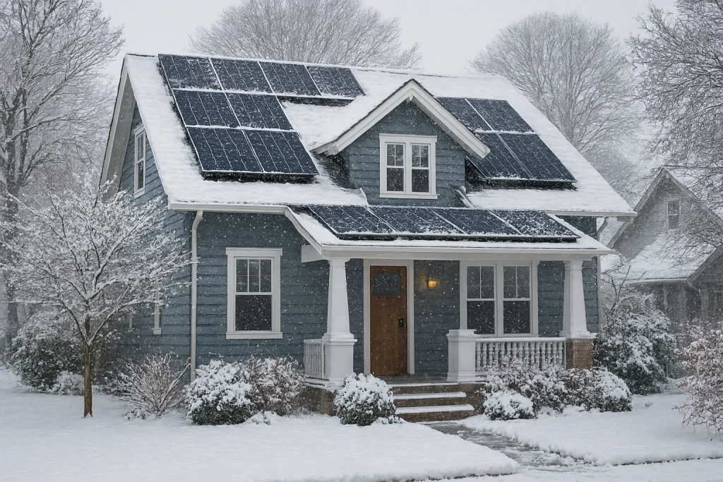 Seattle home with rooftop solar panels in winter, illustrating Seattle solar performance
