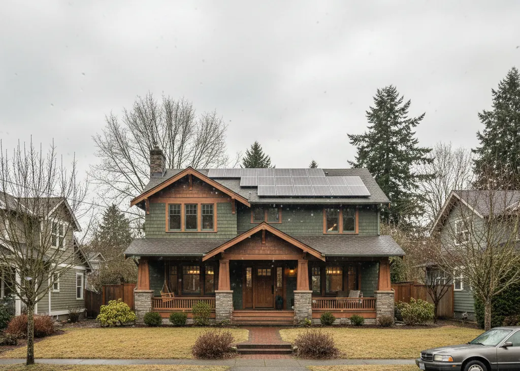 Seattle home with rooftop solar panels on an overcast winter day ()