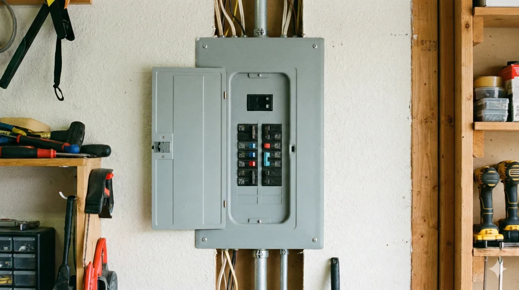 Residential breaker panel installed inside a West Seattle garage