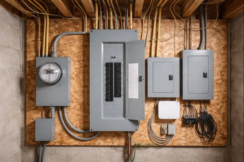 Residential electrical service equipment and breaker panel layout inside a home