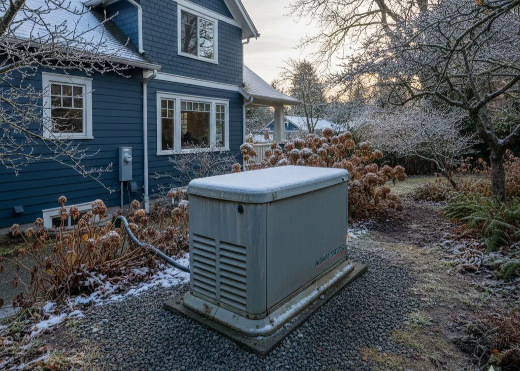 Snow covered standby generator installed beside a West Seattle home