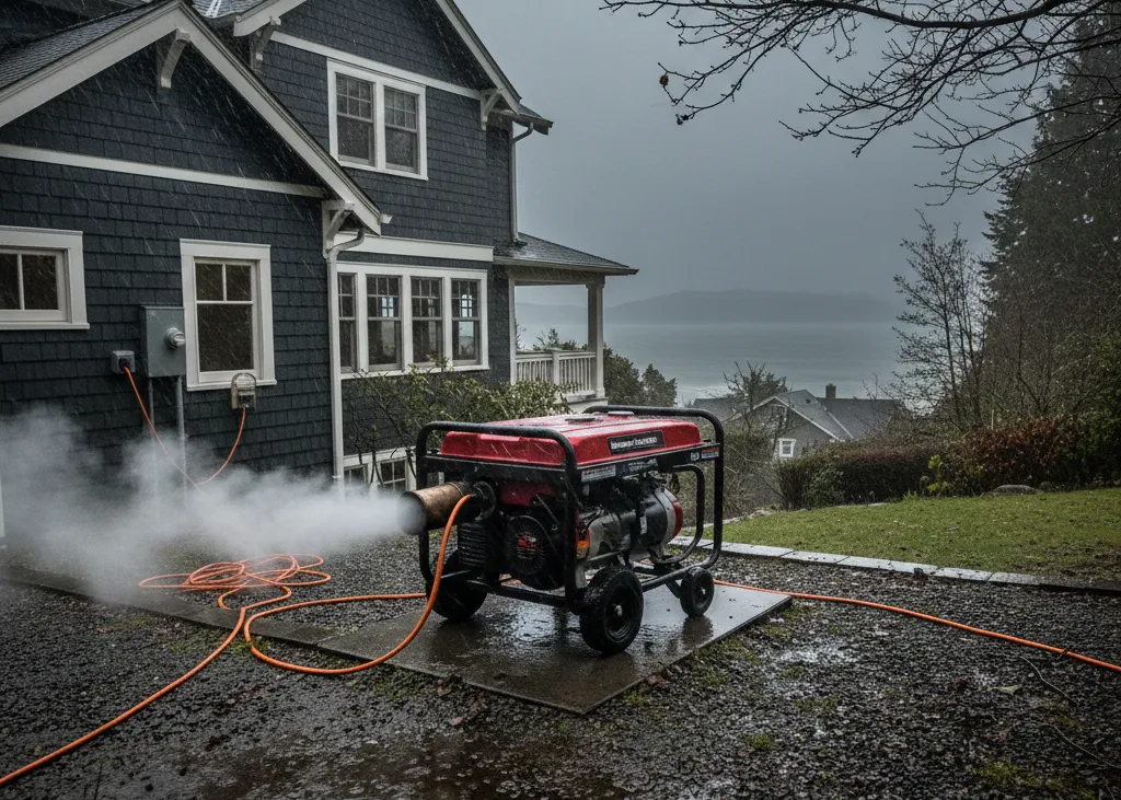 Standby generator operating outside a residential property during storm conditions