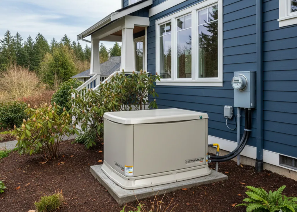 Standby home generator installed beside a residential house