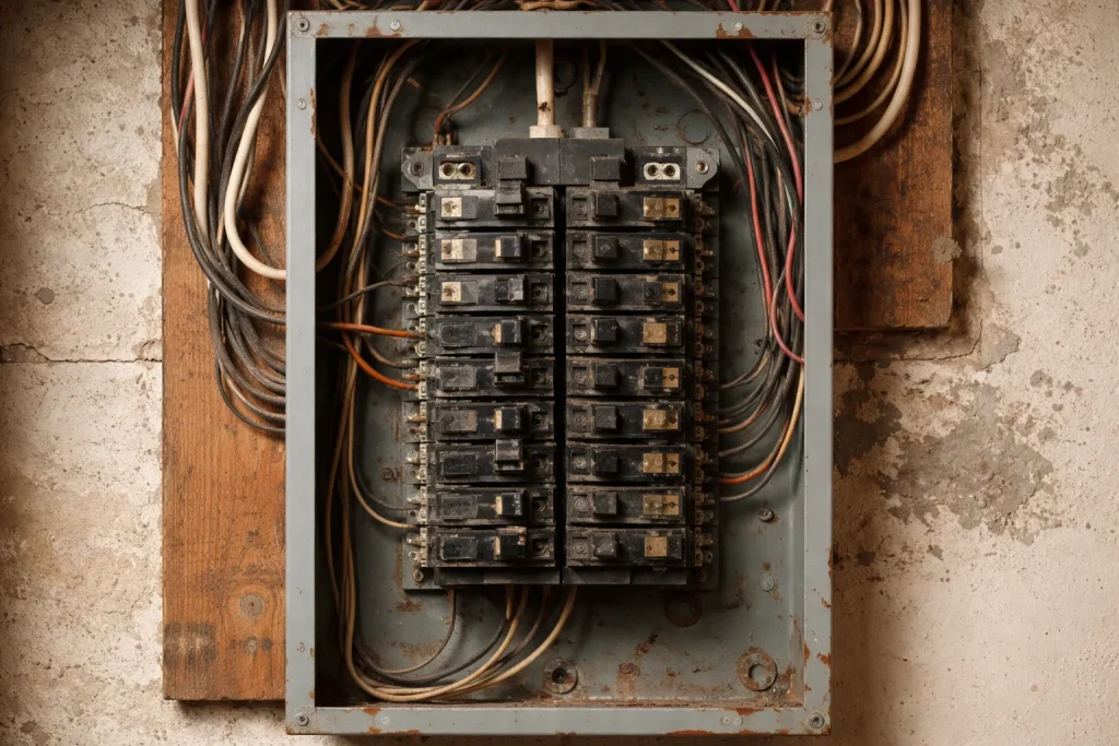 Aging residential breaker panel with worn wiring