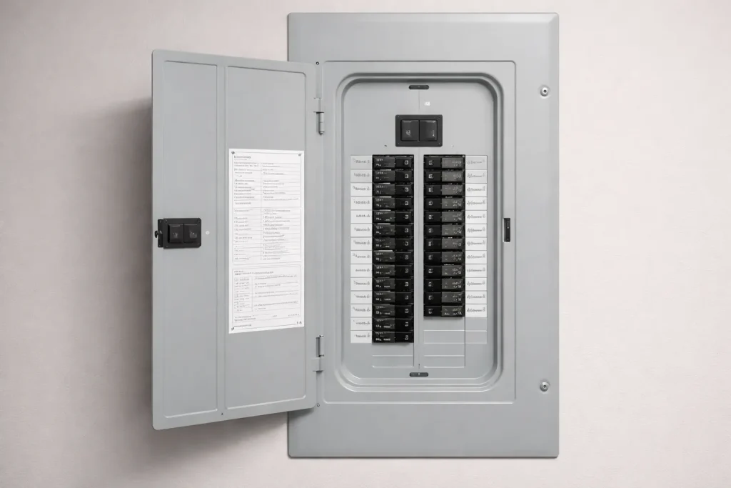 Modern residential breaker panel installed on an interior wall