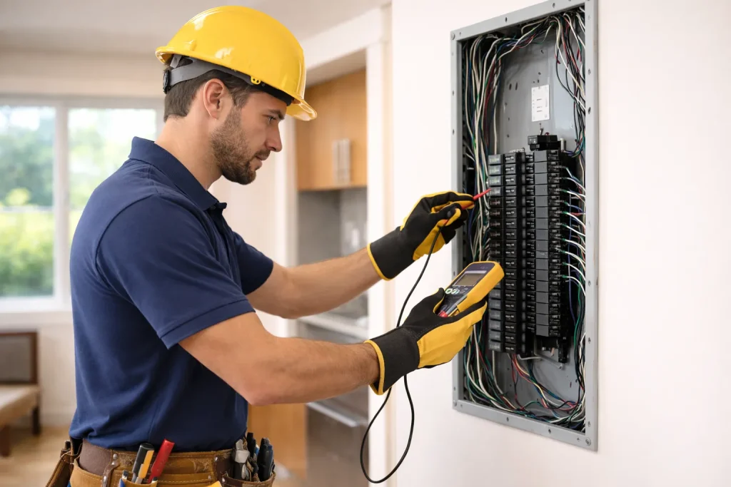 Professional electrician inspecting a residential breaker panel with a multimeter