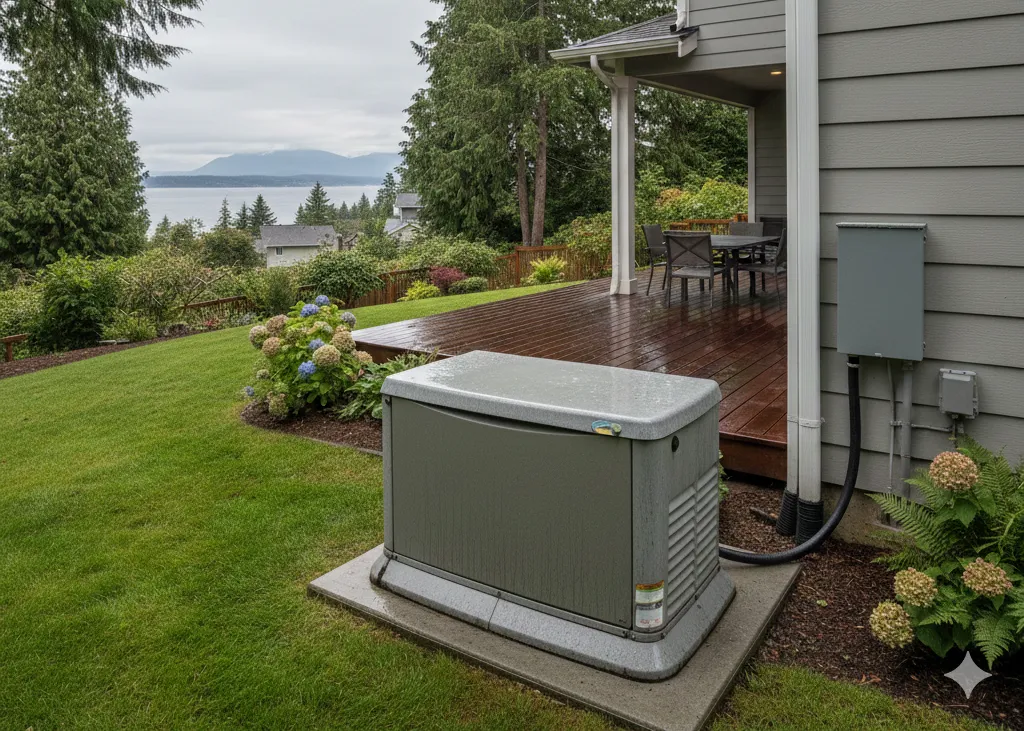 Residential standby generator beside a home ()