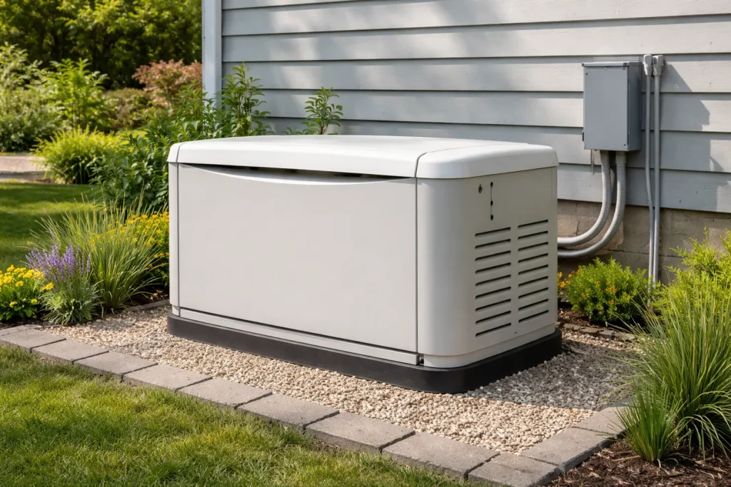 Residential standby generator installed beside a home