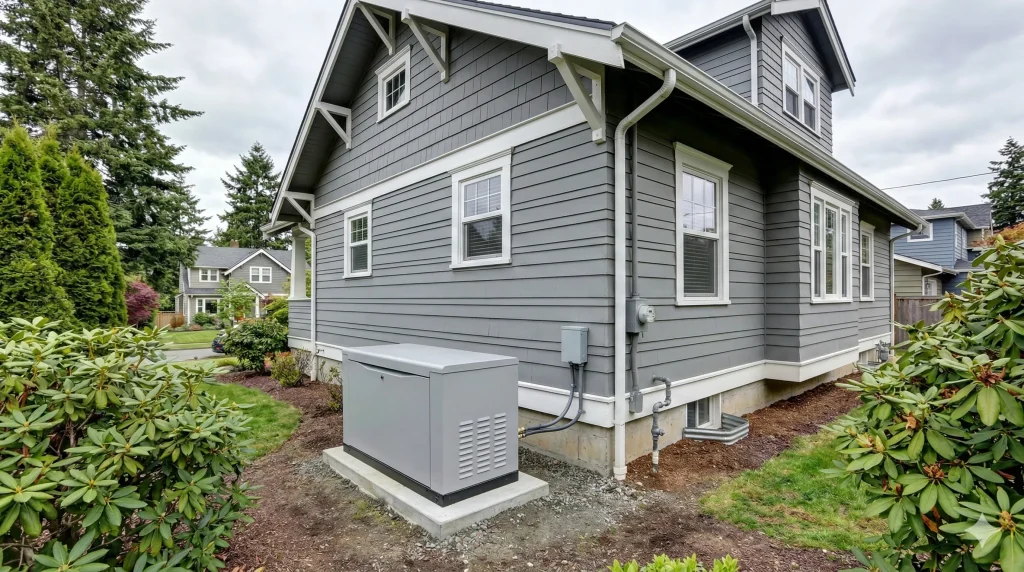 Standby generator installed beside a residential home