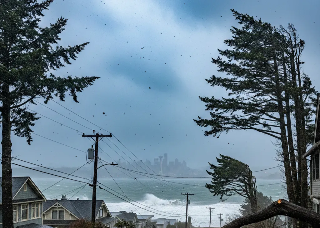 Wind blown trees and overhead power lines during a storm in West Seattle