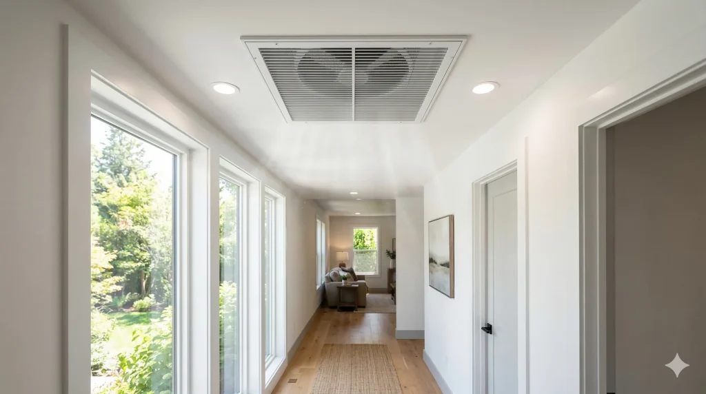 Modern hallway ceiling vent with a whole house fan system ()