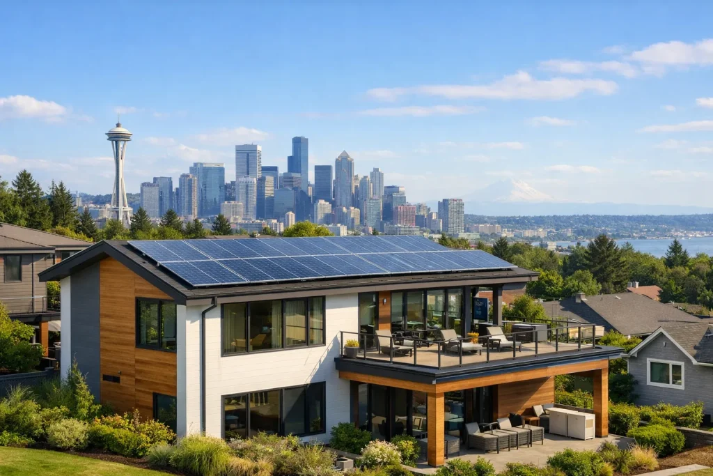 Modern home with rooftop solar panels in Seattle WA