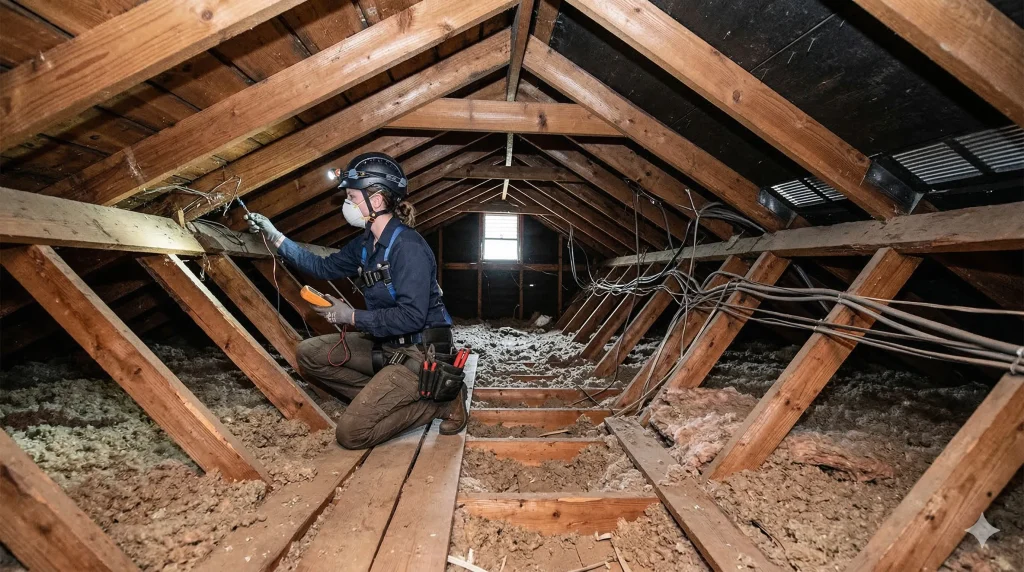 Technician inspecting wiring inside an attic while working on ventilation for homeowners