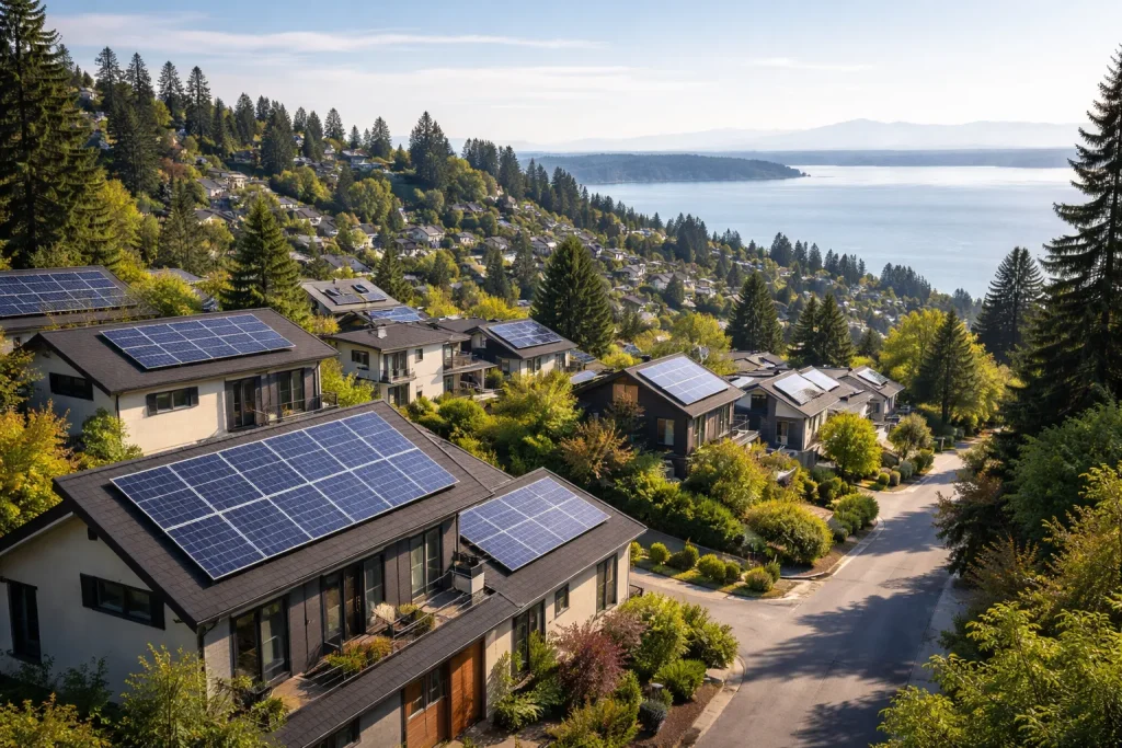 West Seattle neighborhood homes with rooftop solar panels overlooking Puget Sound